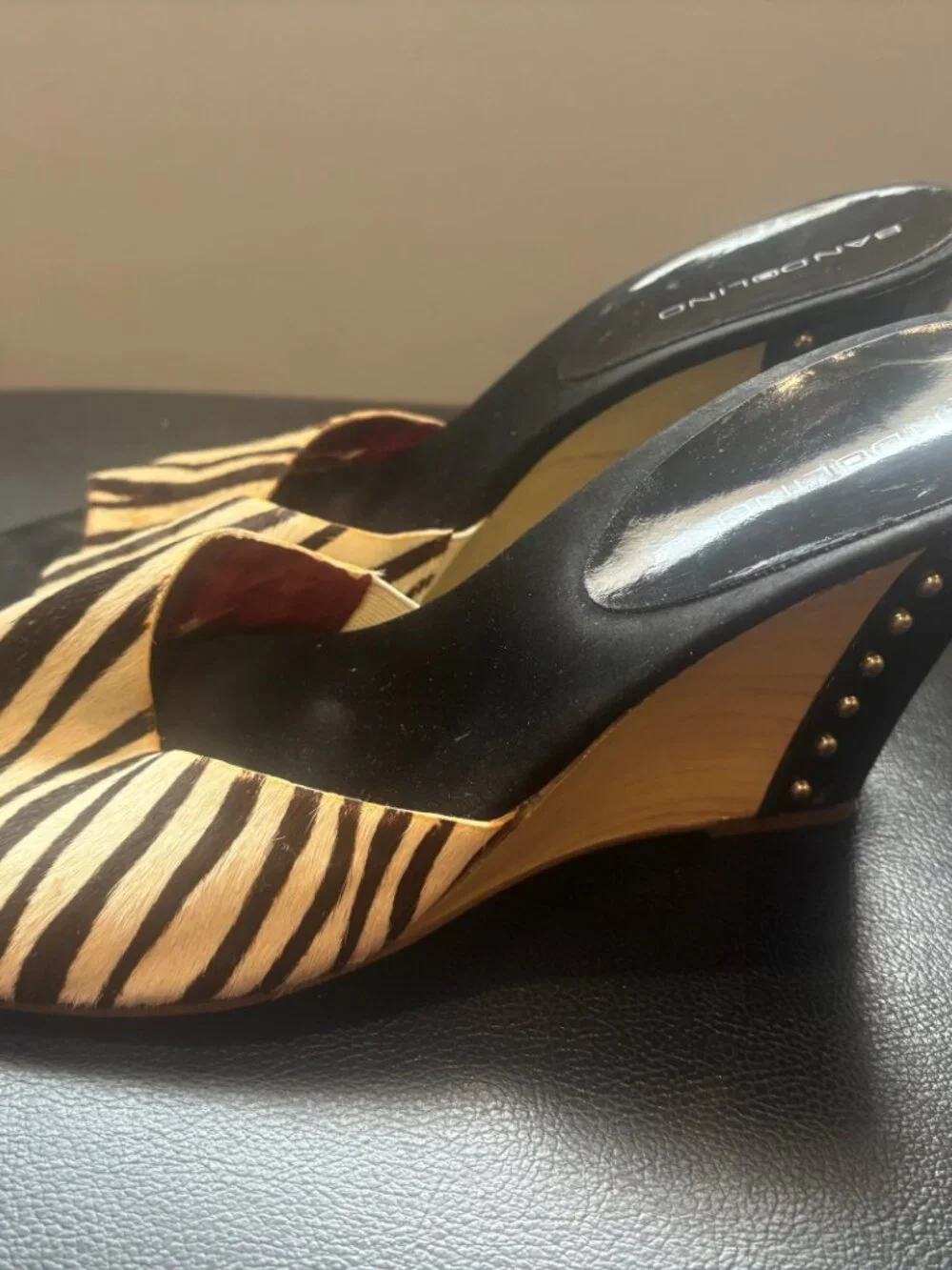 Bandolino Zebra Print Fur Hair Studded Wooden Wedge Mules Sz 11